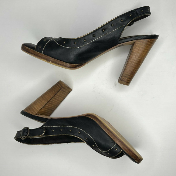 Seychelles Size 7 Singback Open Toe Black Leather Wood Block Heel‎ Studded - Picture 3 of 11